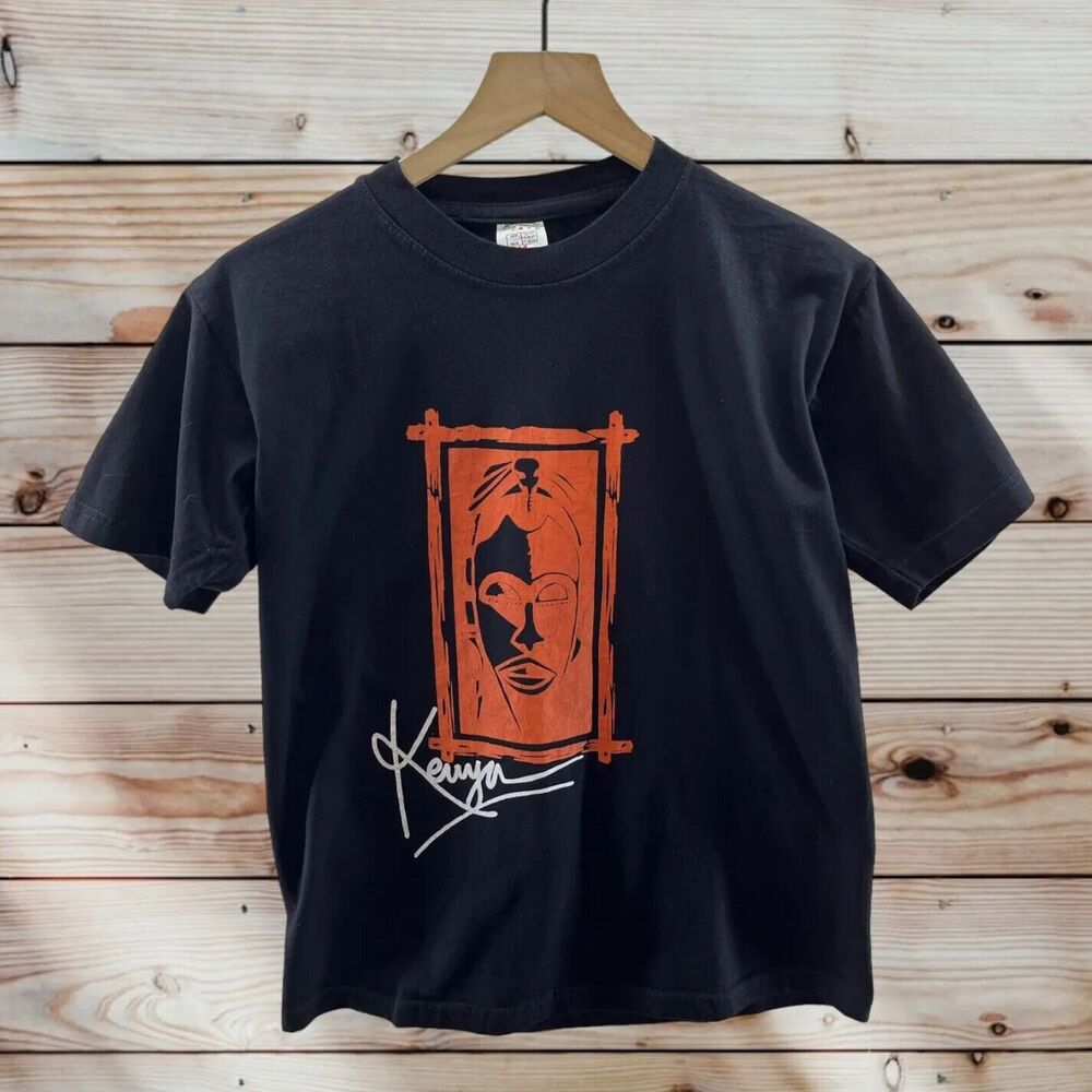 Kenya Shirt Mens Medium Black Orange Tribal Mask Graphic Short Sleeve African